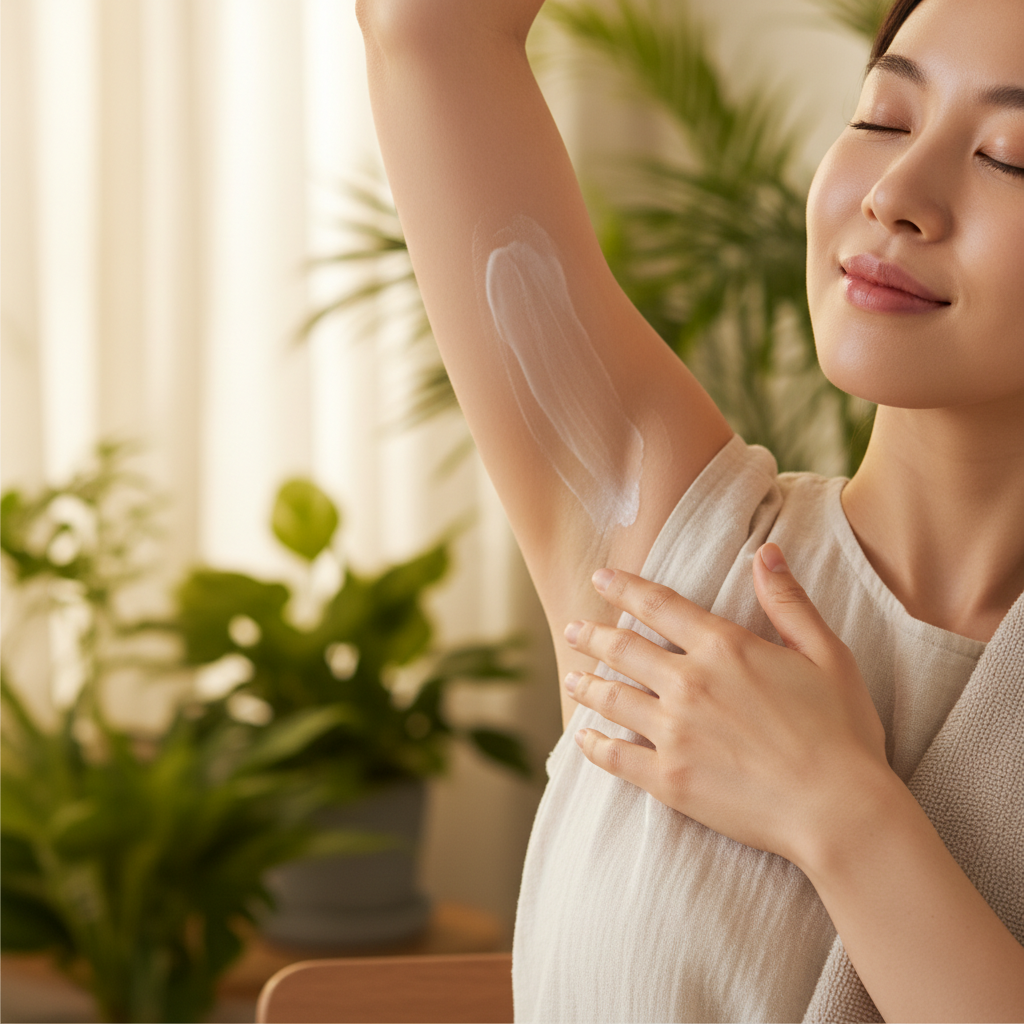Close-up of a Korean person applying a soothing lotion or cream to their armpit area, emphasizing skin care and comfort, warm lighting, natural setting, no text