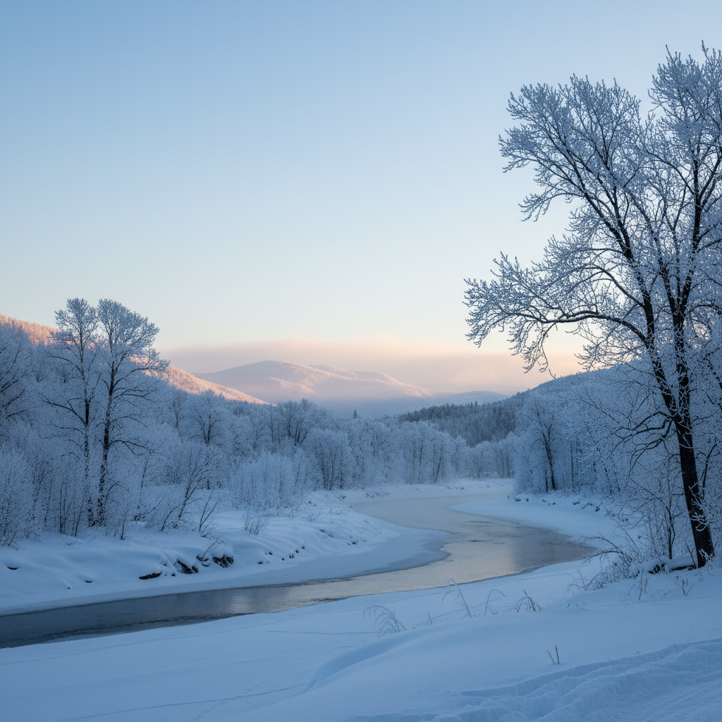 A serene winter landscape with frost on trees and a sense of crisp, cold air, natural setting, soft morning light, deep blue and white tones, no text