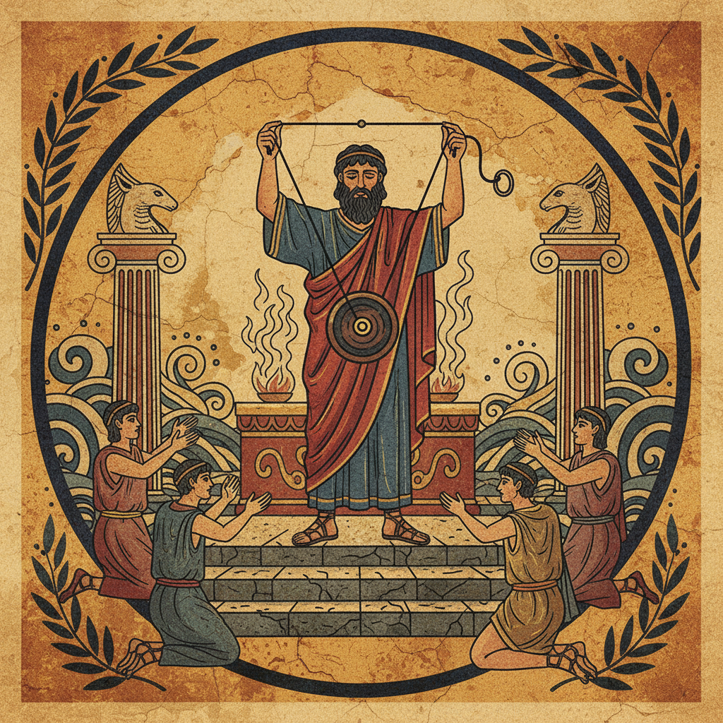 Ancient Greek illustration showing a ritualistic context with an early form of yoyo, artistic rendering, textured background, no text, aspect ratio 1:1