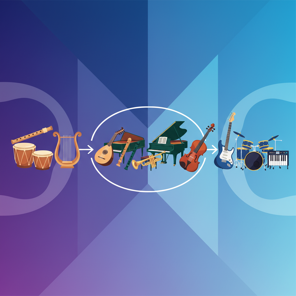 Clean infographic illustrating the evolution of musical instruments from ancient to modern times, modern layout, high contrast, gradient background, no text.