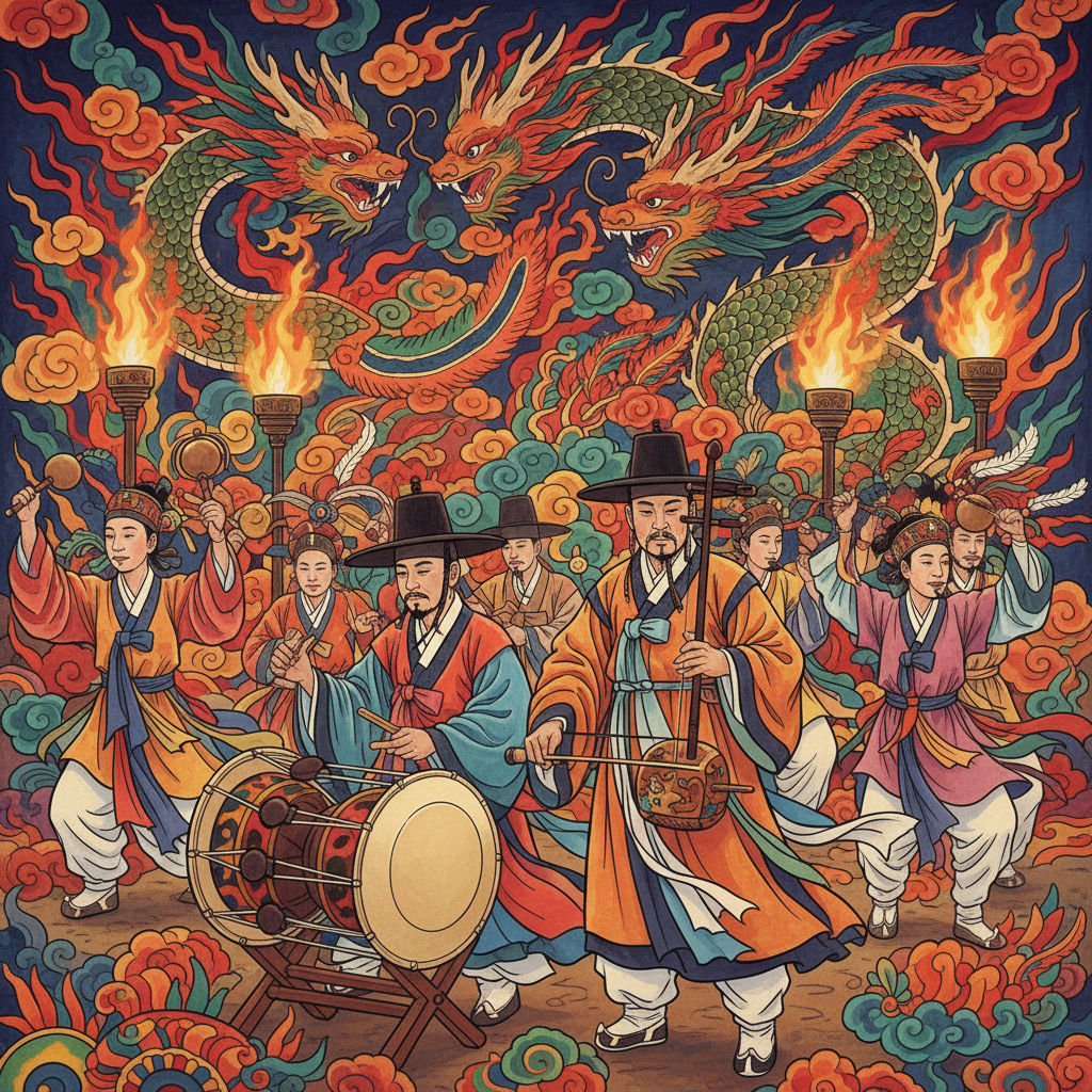 Illustration showing various early musical instruments like drums, rattles, and a lyre, used in an ancient ritual, rich colored background, artistic rendering, no text, Korean appearance.