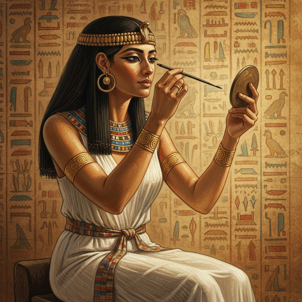 An illustration of an ancient Egyptian woman applying kohl to her eyes, intricate jewelry, hieroglyphs in the background, warm lighting, textured background, no text, artistic rendering, centered focus, visually rich
