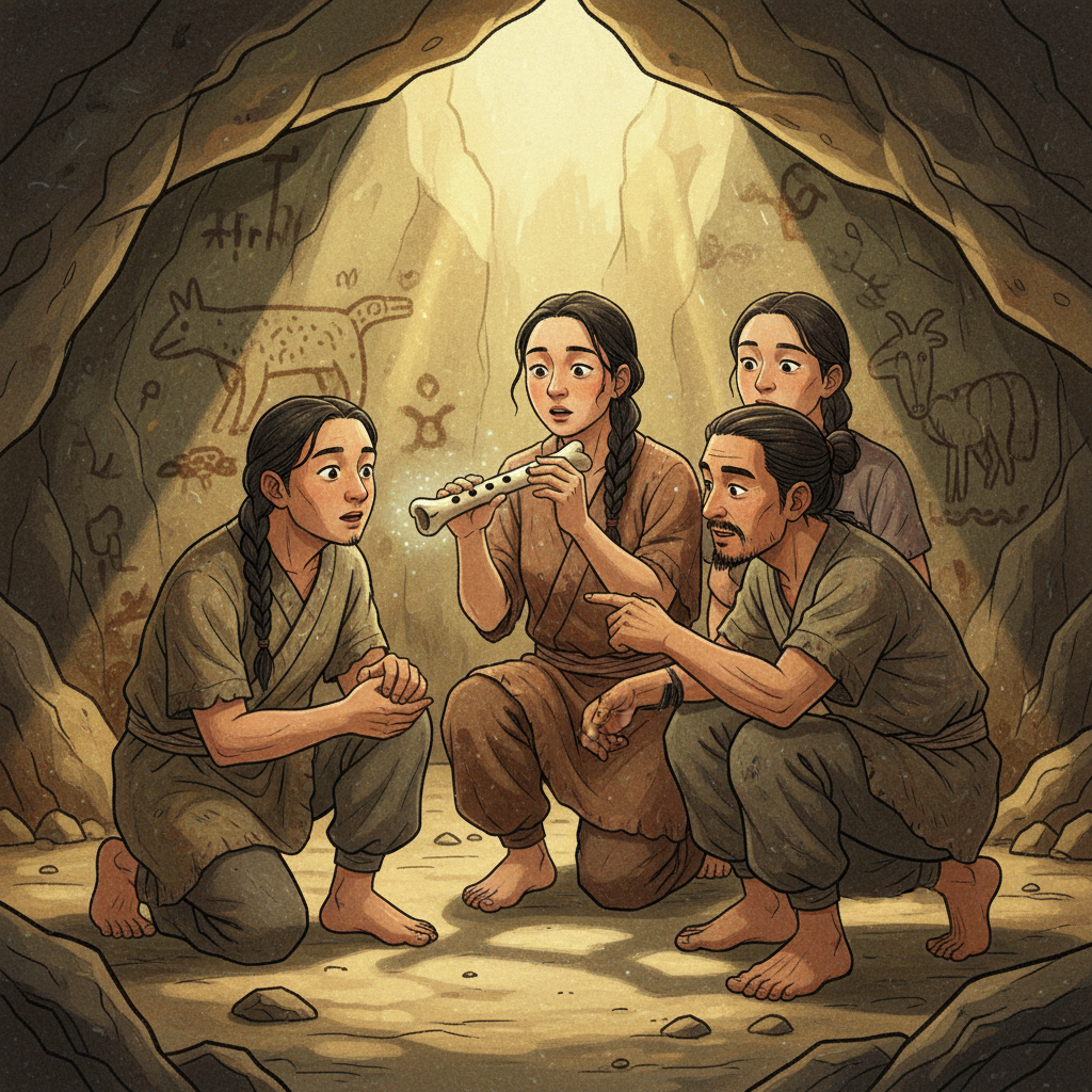 Illustration of ancient humans discovering the first musical instrument, possibly a bone flute, in a cave setting, artistic rendering, textured background, bright lighting, no text, Korean appearance.