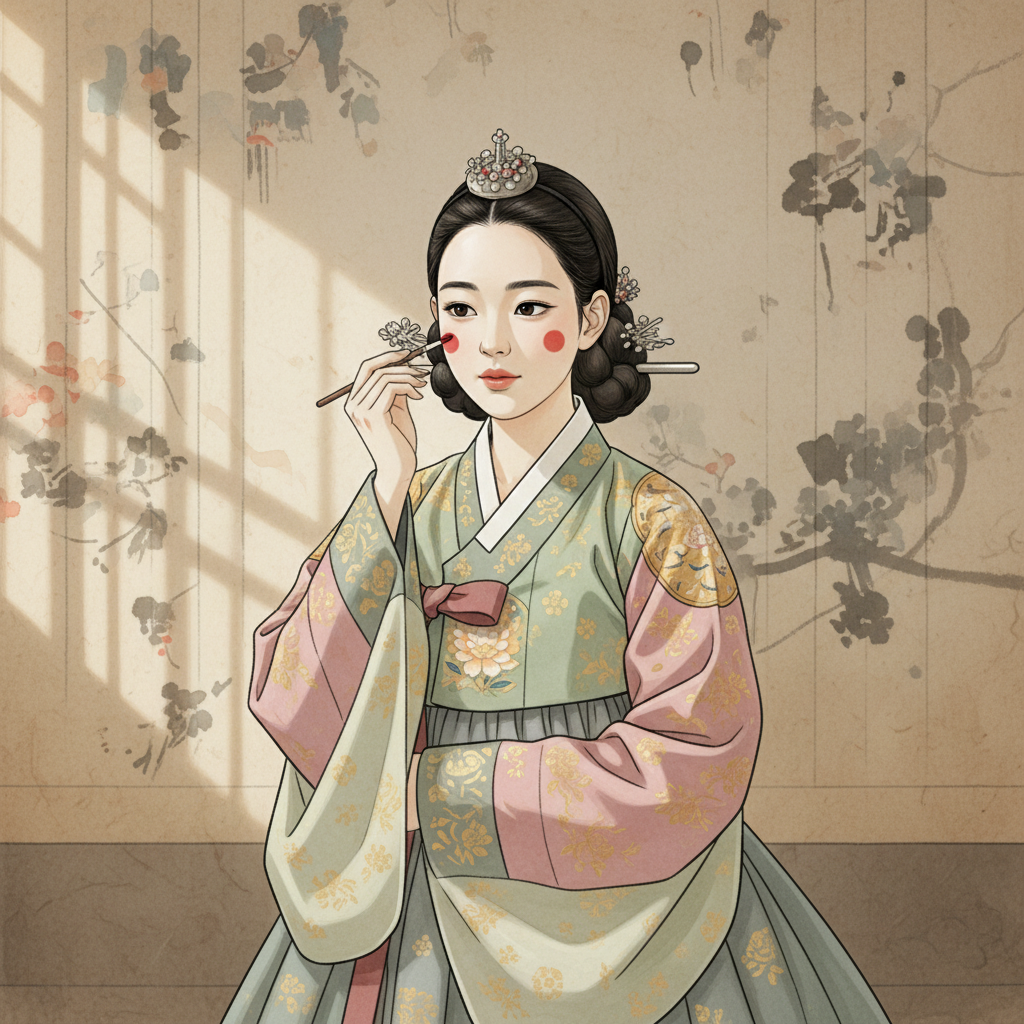 An artistic rendering of an ancient Korean woman applying red dots (yeonji gonji) on her cheeks, traditional hanbok, soft lighting, muted textured background, no text, illustration, centered focus, visually rich