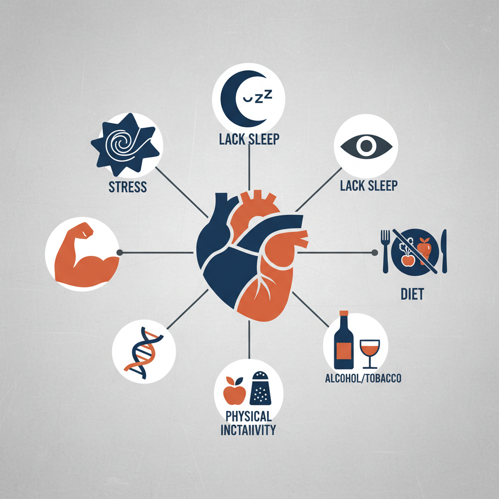 Clean infographic showing various factors affecting blood pressure like stress, lack of sleep, and diet, modern layout, high contrast, textured background, no text.