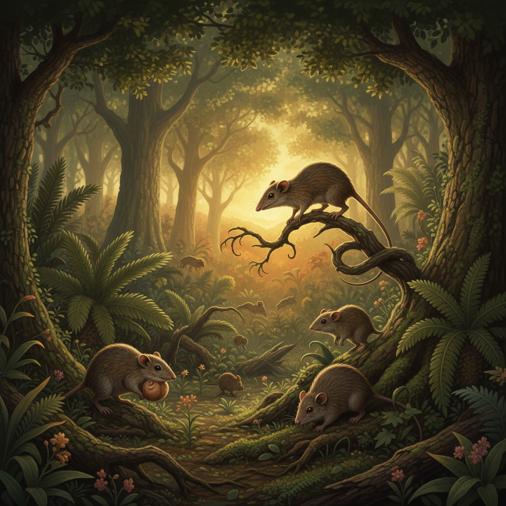 Small, adaptable mammals thriving in a post-dinosaur world, lush forest, natural setting, warm lighting, colored background, no text