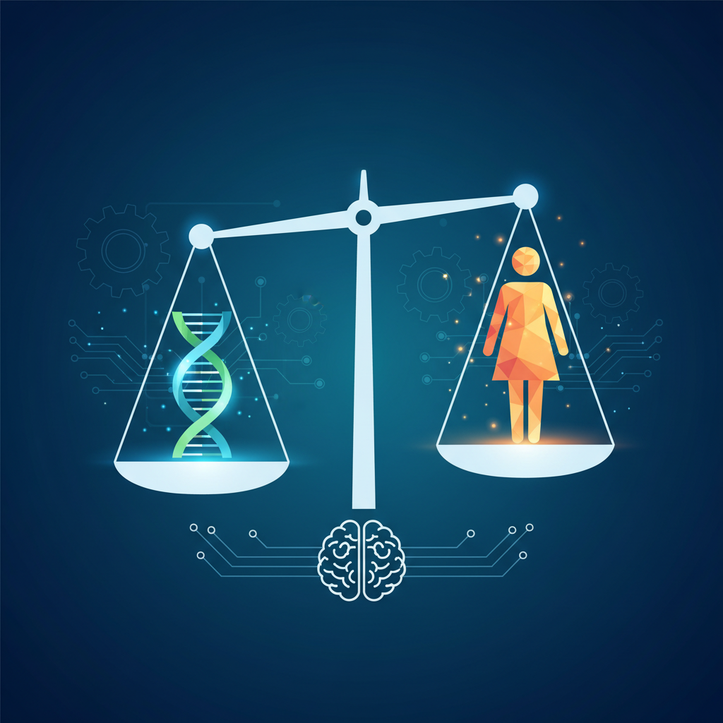 A modern, clean infographic-style illustration symbolizing science ethics, showing a balance scale with a DNA helix on one side and a human figure on the other, with gears and circuits subtly in the background, clean infographic, high contrast, colored background, no text
