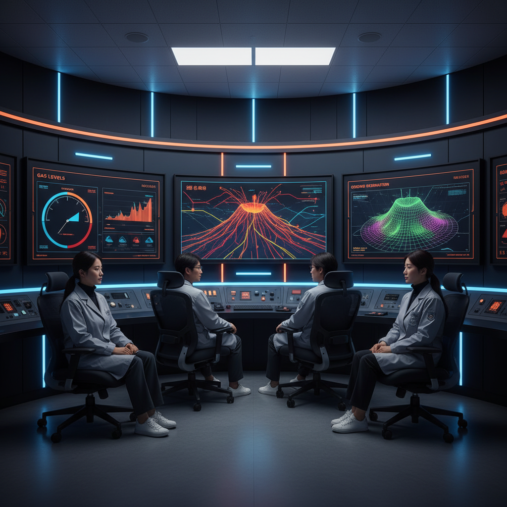 A modern control room with scientists monitoring screens showing seismic activity, gas levels, and ground deformation data related to a volcano, clean infographic style, high contrast, colored background, Korean appearance, natural expression, no text, bright, balanced lighting, centered focus, visually rich, no empty margins