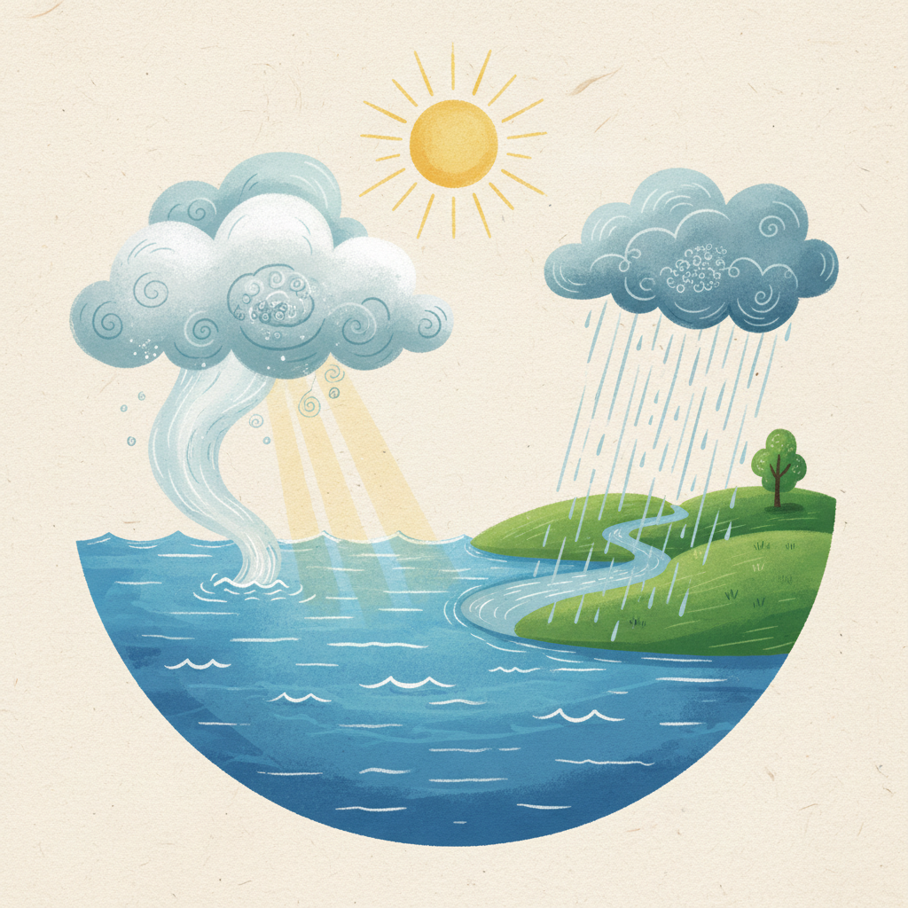 Artistic rendering of the water cycle, clearly illustrating the role of clouds in evaporation, condensation, and precipitation, illustration style, textured background, bright balanced lighting, no text, visually rich composition