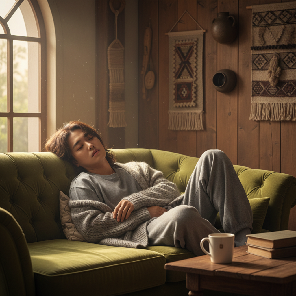 A Korean person looking extremely tired and lethargic, sitting on a couch, warm lighting, natural setting, textured background, no text