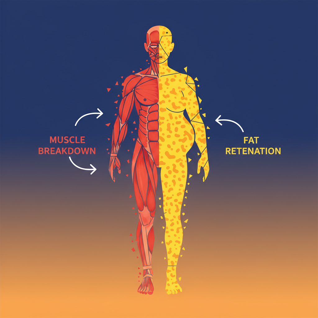 A clean infographic showing muscle breakdown and fat retention with insufficient protein intake, a Korean person's body outline with diminishing muscle mass, high contrast, gradient background, no text
