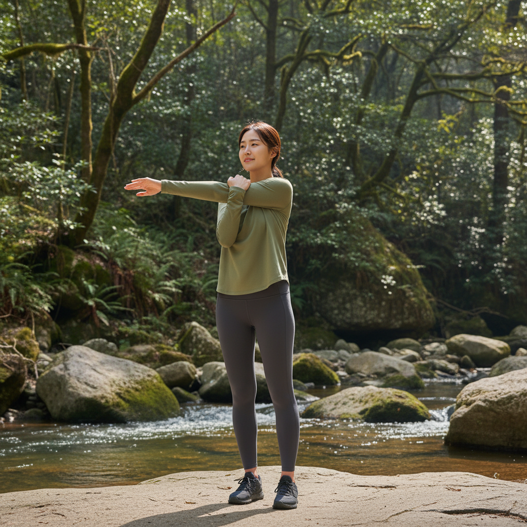 A Korean person performing a gentle arm stretch to relieve muscle tension around the armpit, bright and balanced lighting, natural setting, textured background, no text