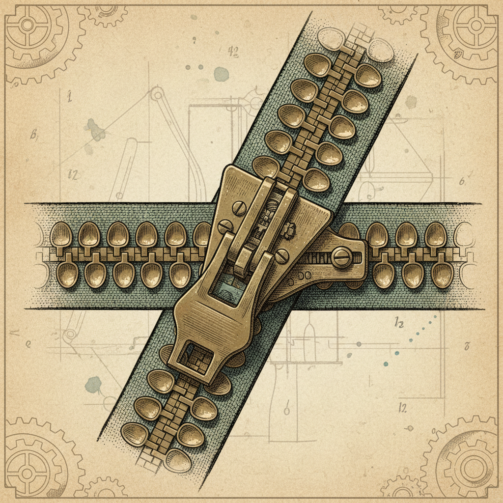 Illustration of Gideon Sundback's early hookless fastener, showing its mechanical details, artistic rendering, textured background, no text