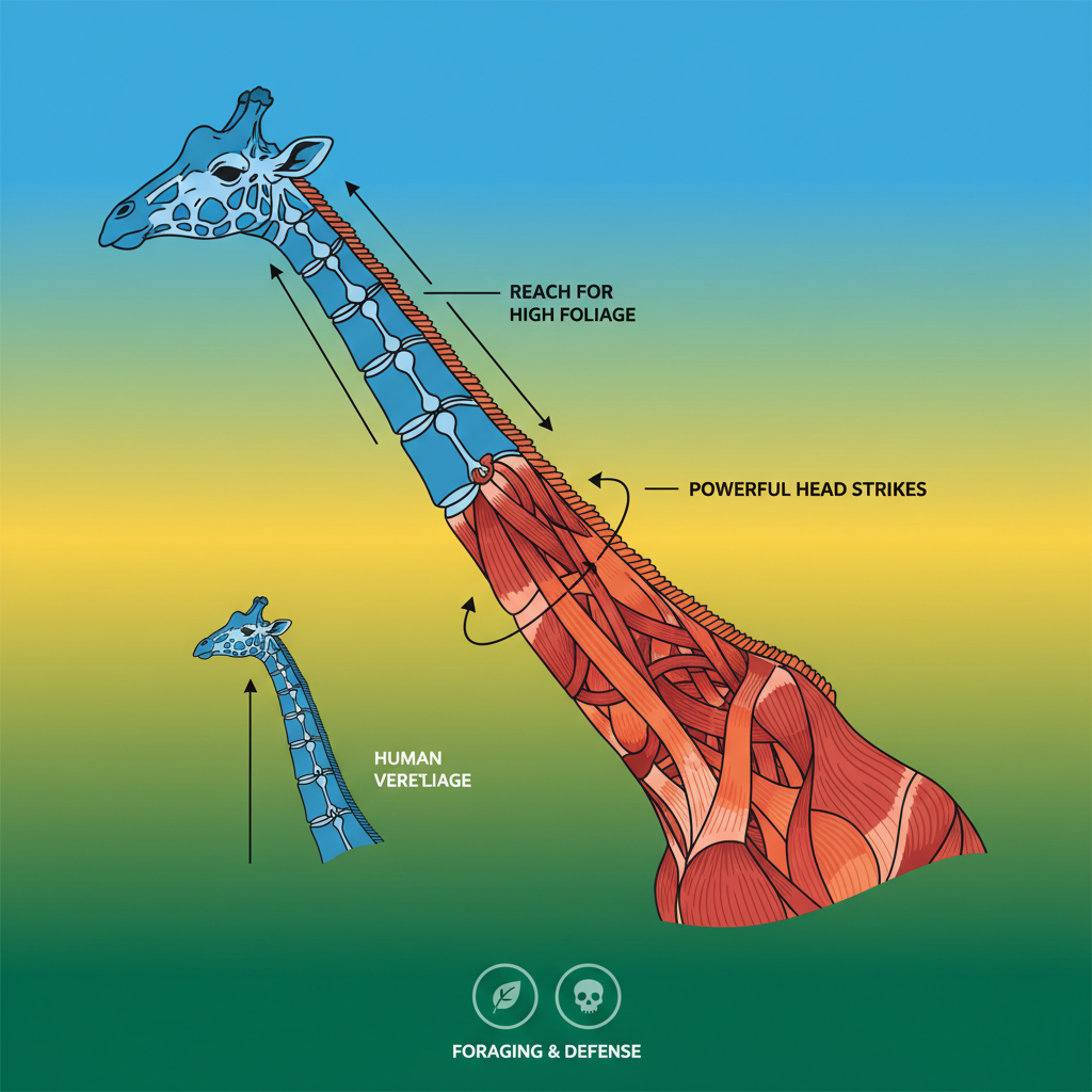 A clean infographic illustrating the skeletal and muscular structure of a giraffe's long neck, focusing on its evolutionary advantages, modern layout, high contrast, colored background, no text, clean infographic style