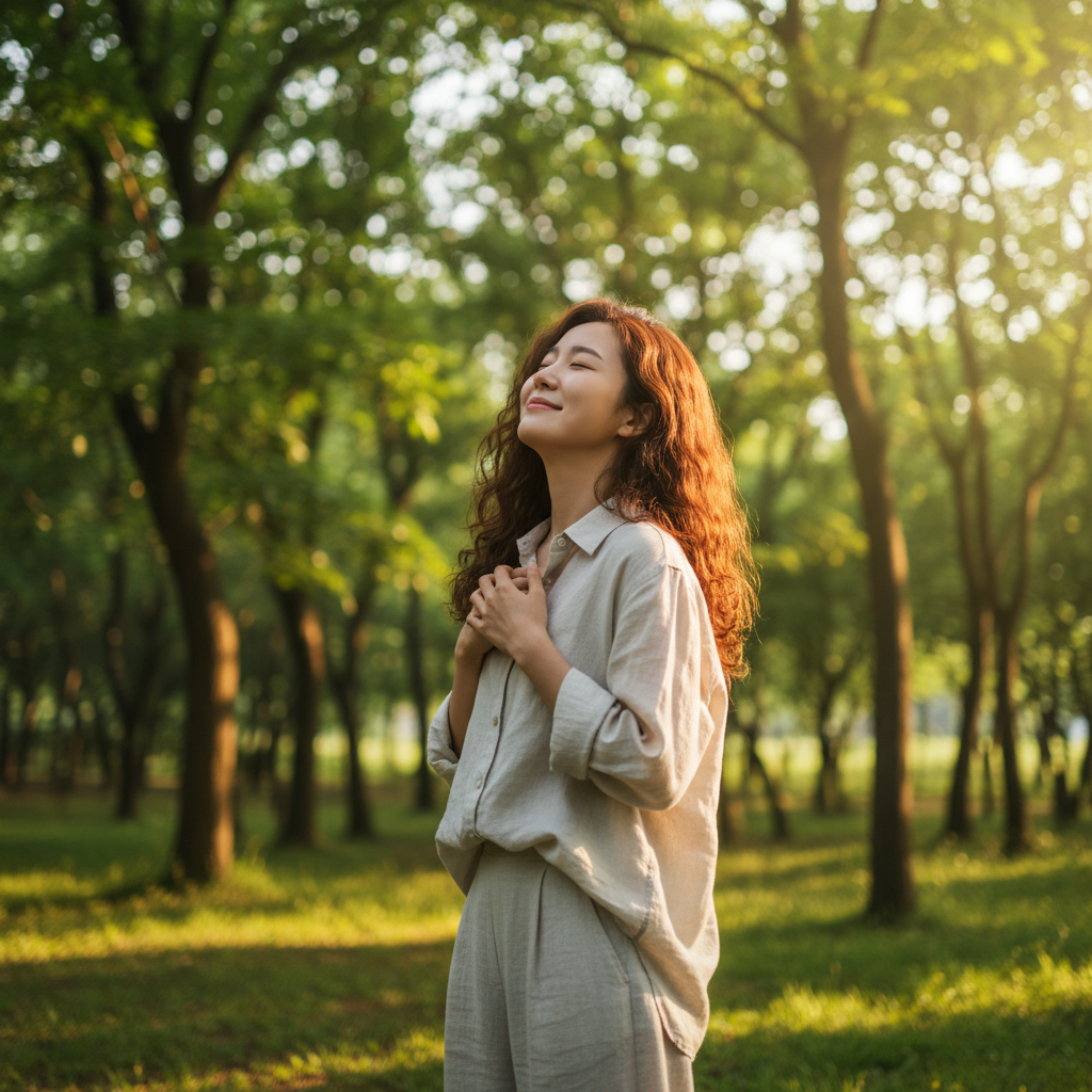 A Korean person smiling peacefully, feeling relieved and healthy in a bright, open outdoor setting, warm and balanced lighting, lush green background, lifestyle photography, no text