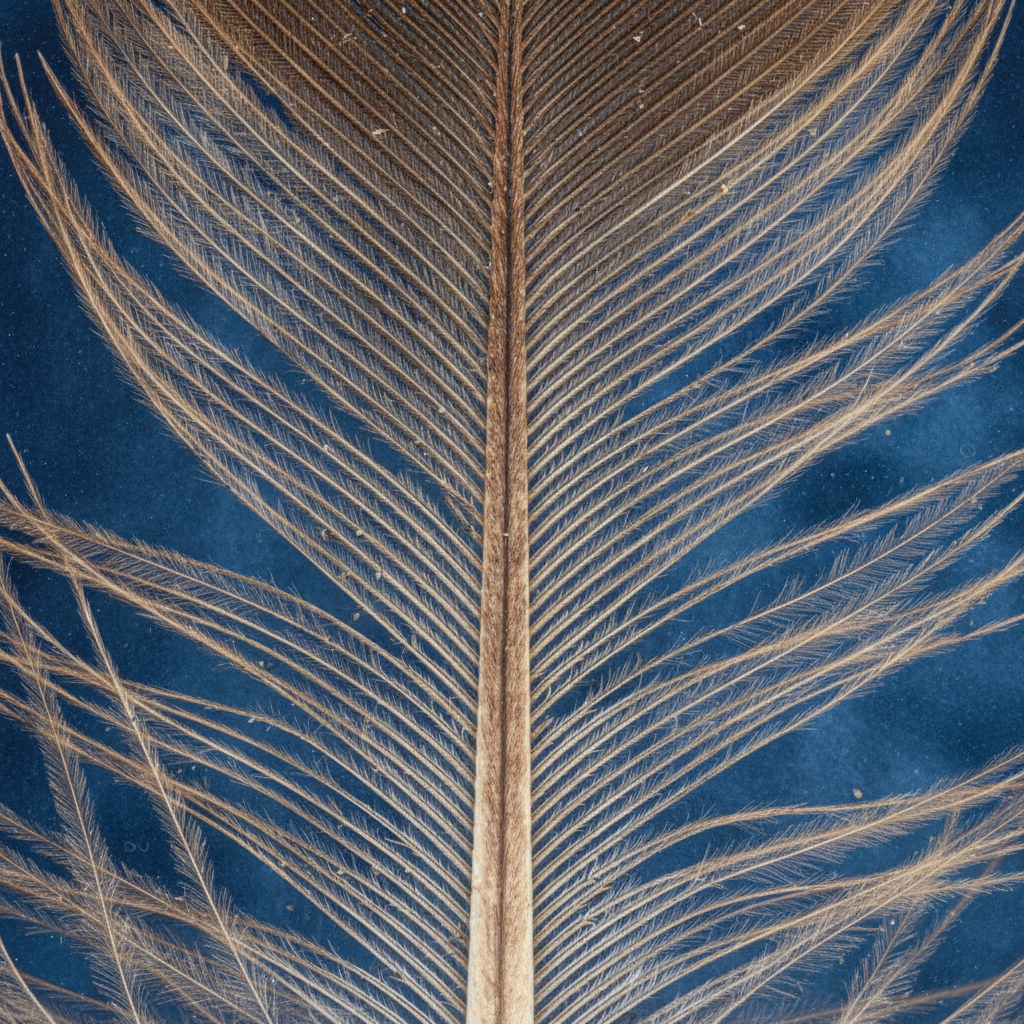Macro photography showing the detailed structure of a bird feather, specifically barbs and barbules interlocking, scientific illustration, textured deep blue background, no text