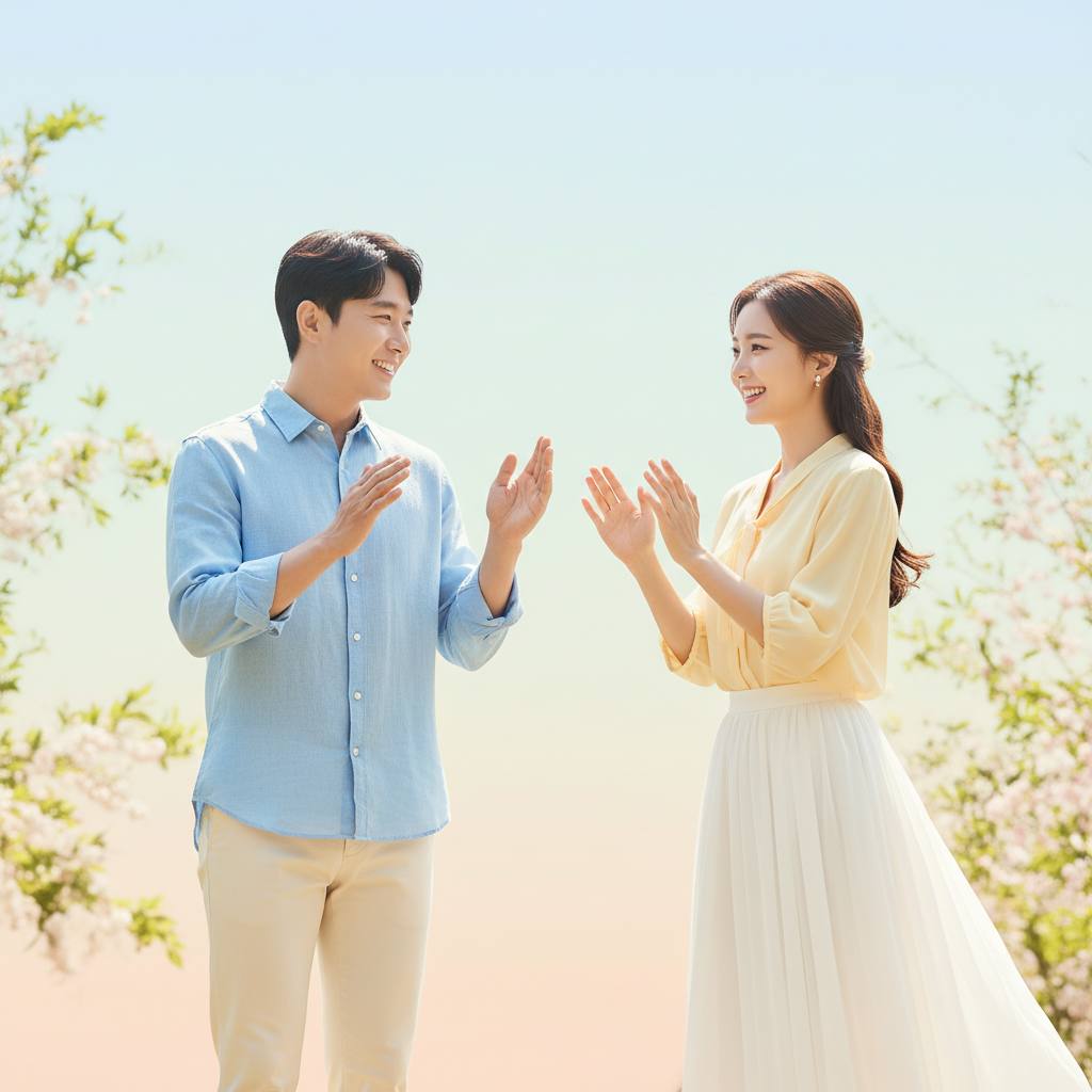 A man and a woman with neat, bright clothing, smiling and greeting each other, bright lighting, soft gradient background, Korean appearance, natural setting, no text