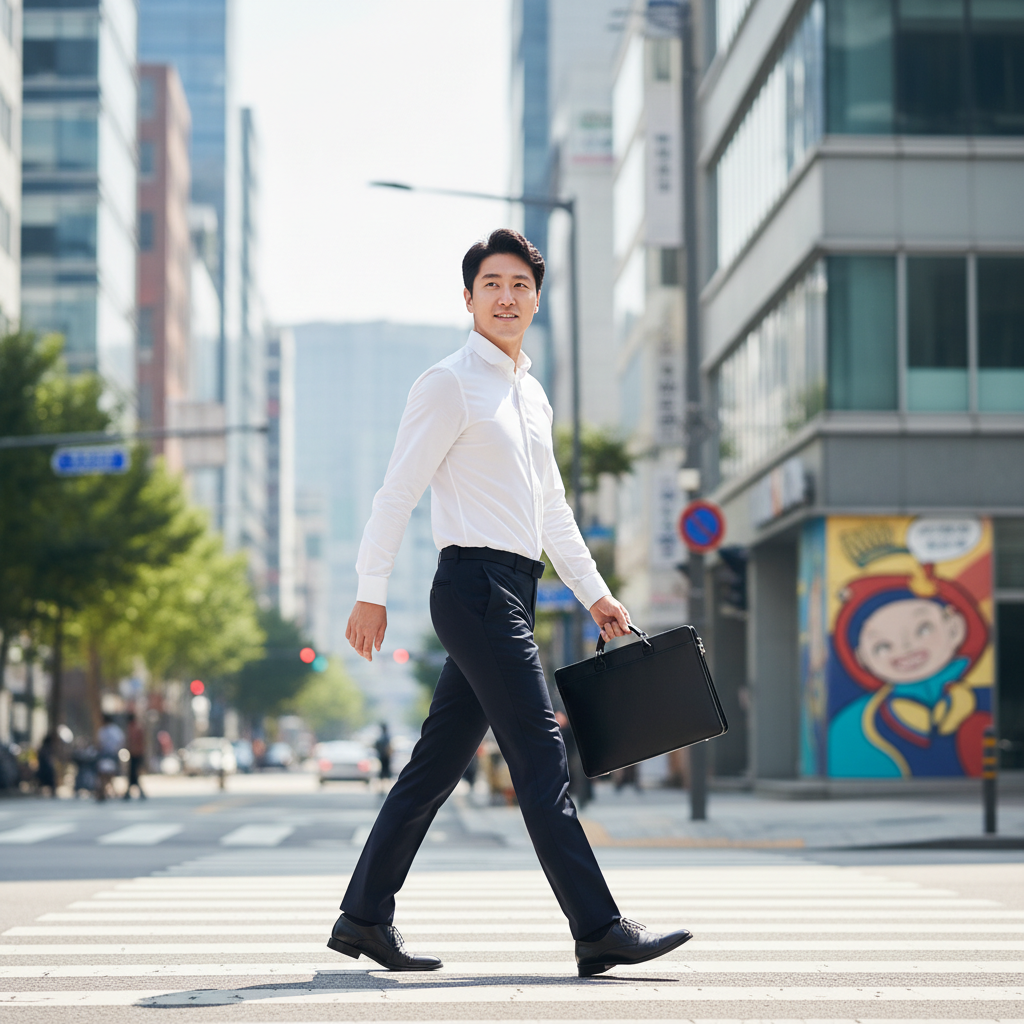A business person in a clean white shirt walking confidently, urban background, bright and balanced lighting, Korean appearance, modern lifestyle photography, no text