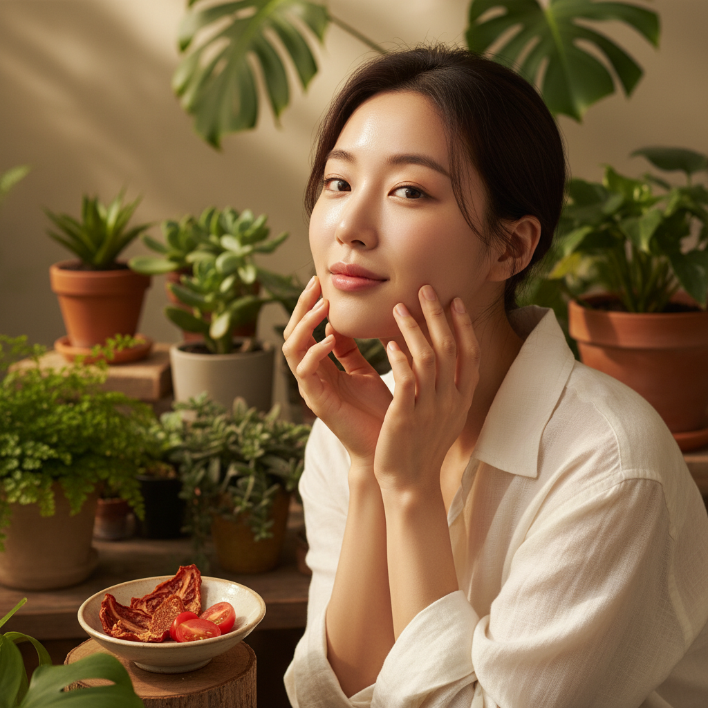 A lifestyle photograph of a Korean woman with radiant, clear skin, subtly indicating the beauty benefits of tomato peel, warm lighting, natural setting with plants, no text, focused composition