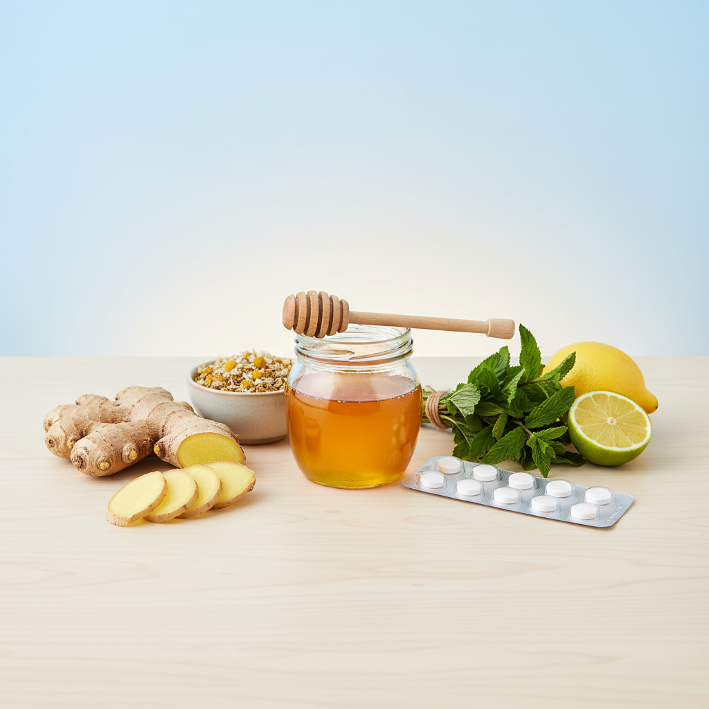 A clean infographic style image showing various natural remedies like a jar of honey, ginger slices, and a generic medicine blister pack (no text labels), all arranged harmoniously on a light-colored wooden table with a gradient background, high contrast, no text