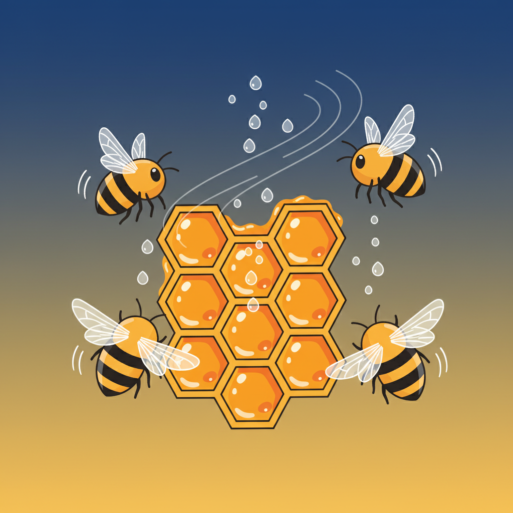 A modern infographic showing Korean honey bees fanning their wings to evaporate water from honey in a hive, clean layout, high contrast, gradient blue and yellow background, no text