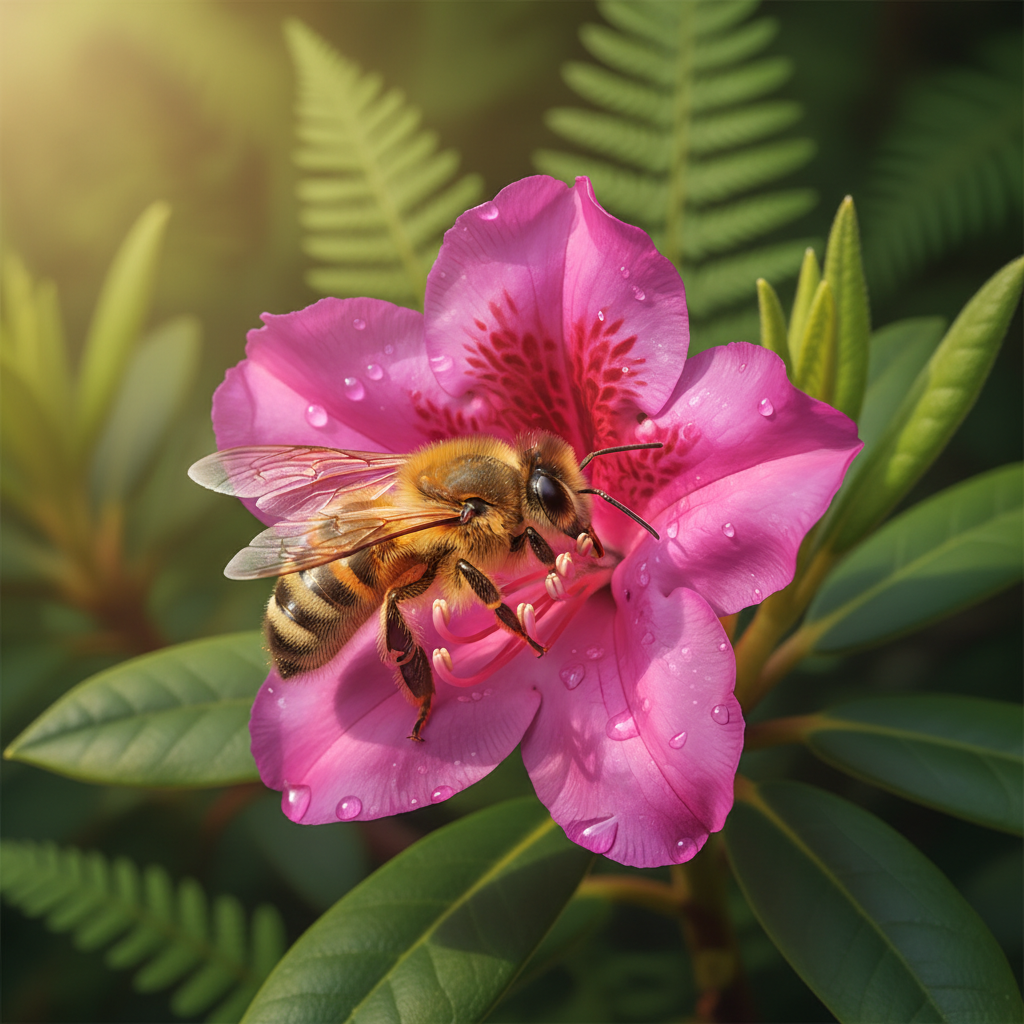 A close-up lifestyle photograph of a Korean honey bee diligently collecting nectar from a vibrant flower, warm lighting, natural setting, textured green background, no text