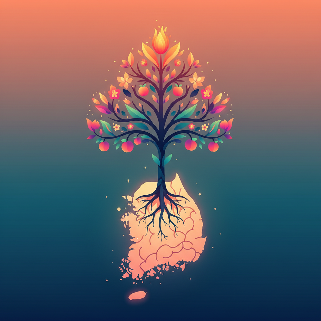 clean infographic, modern layout, high contrast, stylized illustration of a Korean brain connected to a vibrant, growing plant or tree, symbolizing development, learning, and integration, with a rich gradient background, no text