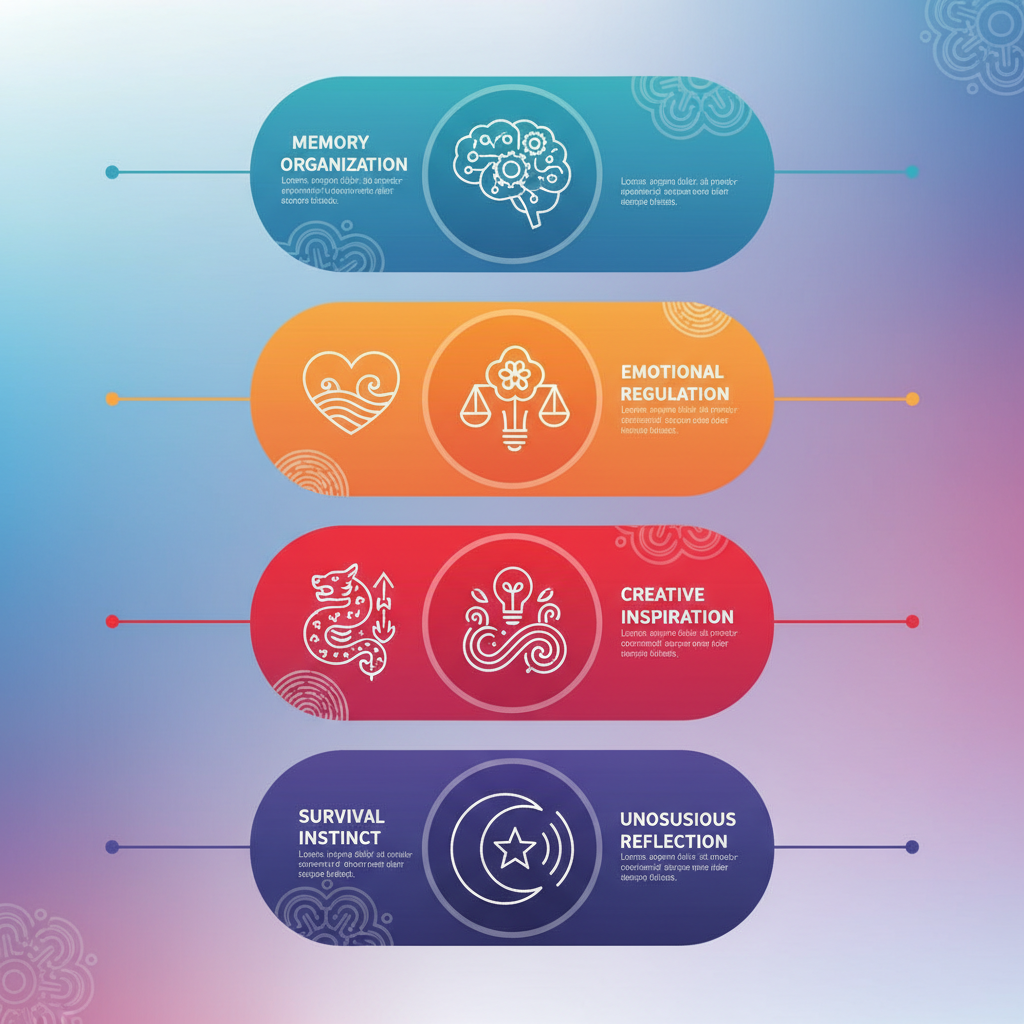 clean infographic, modern layout, high contrast, 5 distinct sections illustrating memory organization, emotional regulation, creative inspiration, survival instinct, and unconscious reflection, each with unique icons or symbols, vibrant gradient background, Korean appearance, no text