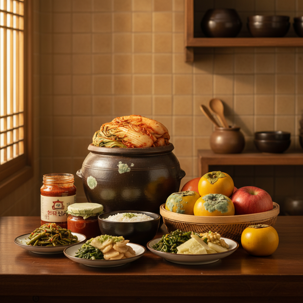 A vibrant still life photograph of various foods, some with subtle, early signs of green discoloration, on a kitchen counter with warm lighting and a soft, textured background. Emphasize natural Korean kitchen setting, no visible text.