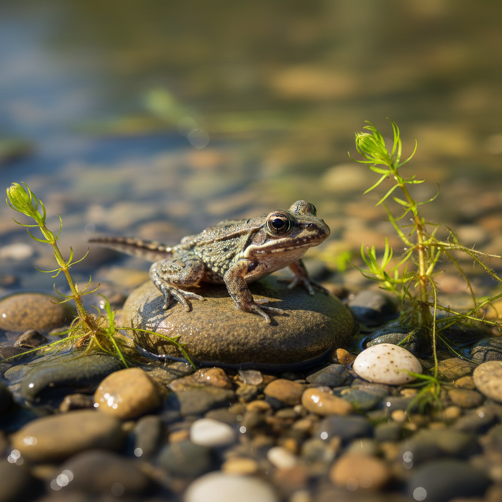 A close-up, realistic depiction of a tadpole that has developed all four legs and its tail is significantly reduced, sitting at the edge of clear water, surrounded by pebbles and small aquatic plants, detailed composition, colored background, no text