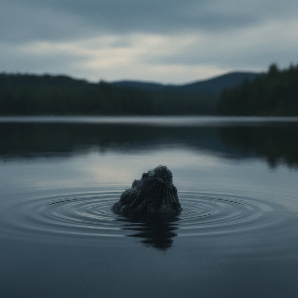 Artistic rendering of a blurry, distant shape on a large lake, with subtle ripples, suggesting a mysterious presence, textured, dark, natural background, a sense of mystery, no text