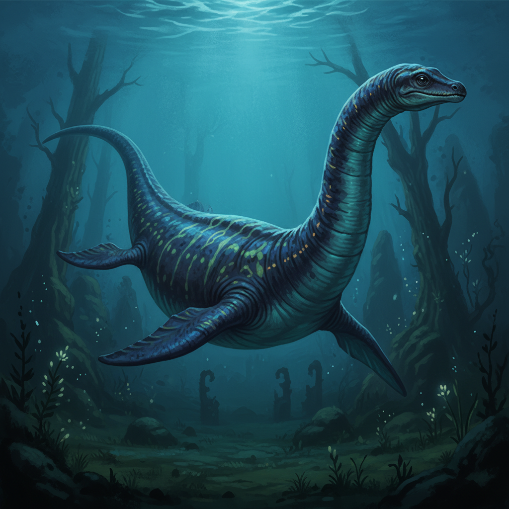 Detailed illustration of a creature with a long neck and large body, similar to a plesiosaur, swimming gracefully in a dark, ancient lake, with a textured, deep blue and green gradient background, no text