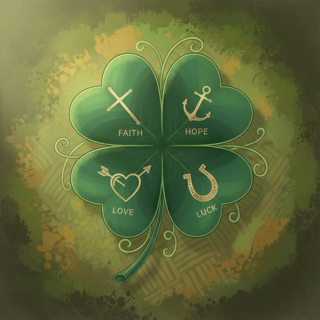 An artistic rendering of a four-leaf clover, with each leaf subtly labeled with a symbol for faith, hope, love, and luck, in an elegant, illustrative style, soft natural light, textured green and brown background, no Korean characters or visible text, centered focus