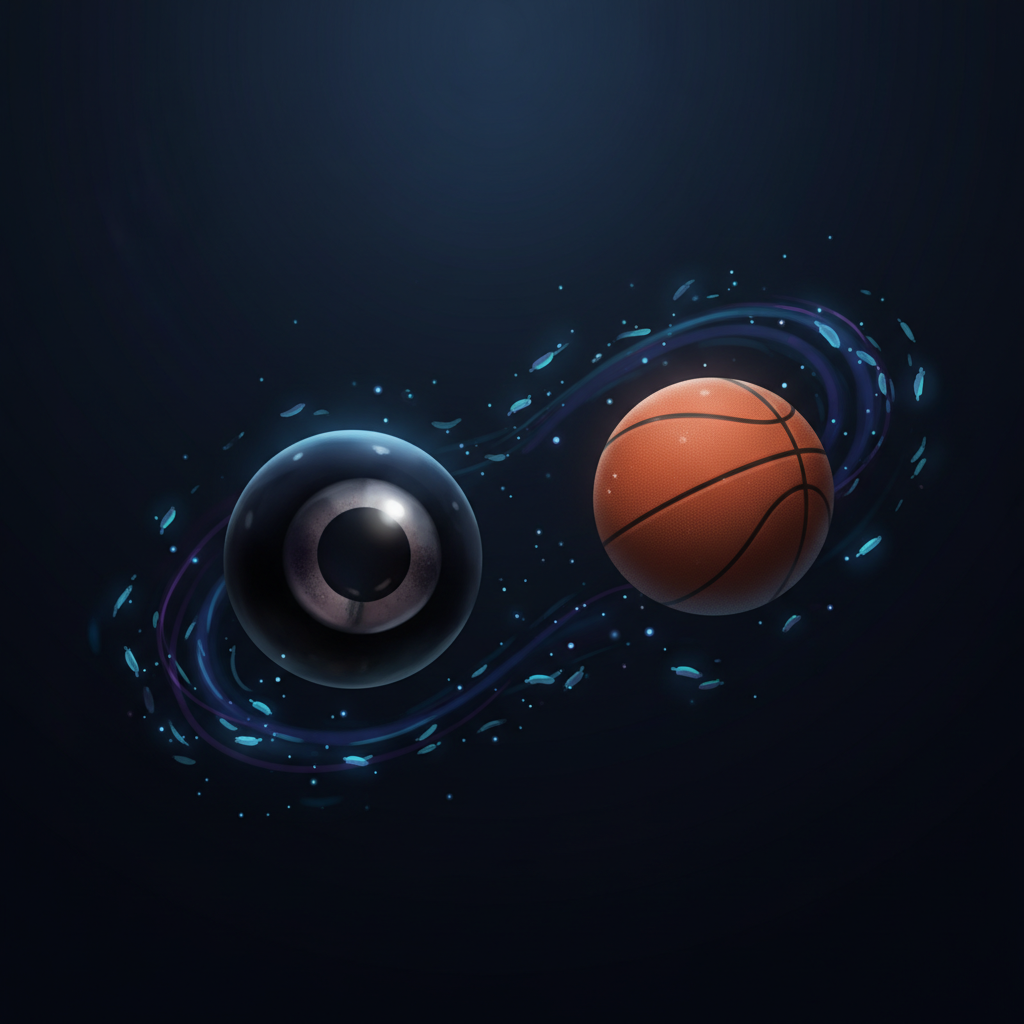 An illustration comparing the size of a giant squid's eye with a basketball, both floating in a dark, atmospheric deep-sea setting. Modern layout, gradient background, no text.