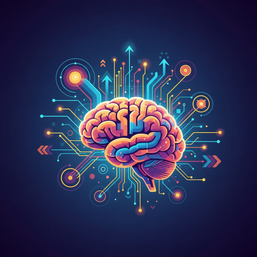 A dynamic infographic illustration showing brain activity and cognitive improvement, with bright, interconnected lines and abstract shapes, modern layout, high contrast, colored background, no text