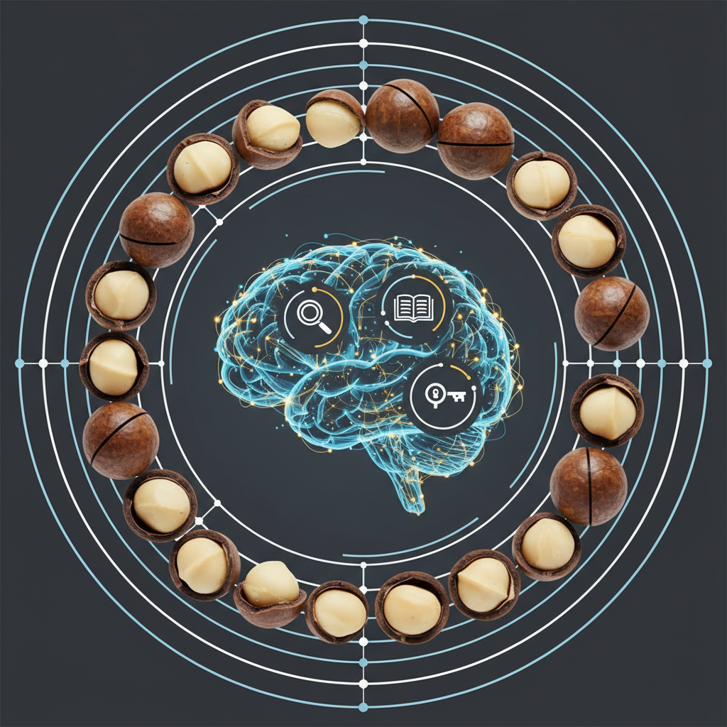Image showing stylized brain graphic with elements of focus and memory, surrounded by macadamia nuts, clean infographic style, modern layout, high contrast, no text.