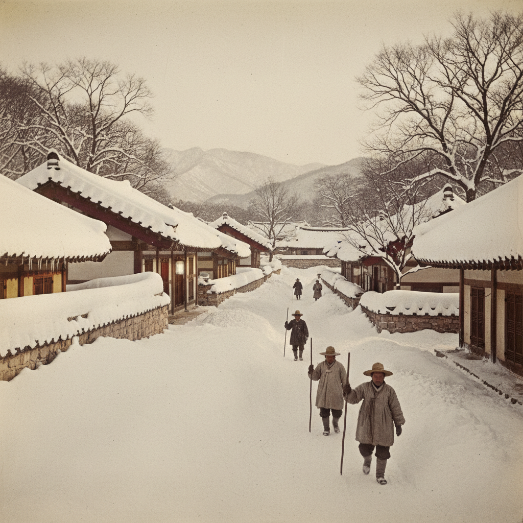 A realistic photograph of a historical heavy snowfall in a Korean village, showing people navigating deep snow, warm muted colors, natural setting, no text