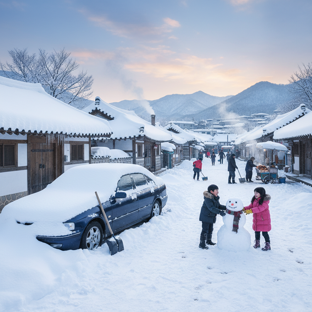 A vibrant lifestyle photograph showing both the challenges (e.g., a car partially covered in snow) and joys (e.g., kids building a snowman) of heavy snowfall in a Korean town, natural lighting, rich background, no text