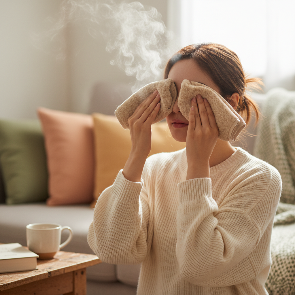 A lifestyle photograph of a Korean person gently applying a warm compress to their eye with a clean towel. Soft, balanced lighting, a cozy, natural setting with a colored background. No visible text.