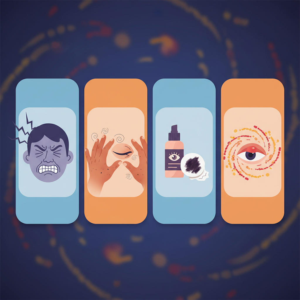 A clean infographic with modern layout depicting four common causes of styes: a person with stressed expression, unwashed hands near an eye, a makeup remover and used cotton pad, and a subtle background texture representing inflammation. High contrast, colored background. No visible text.