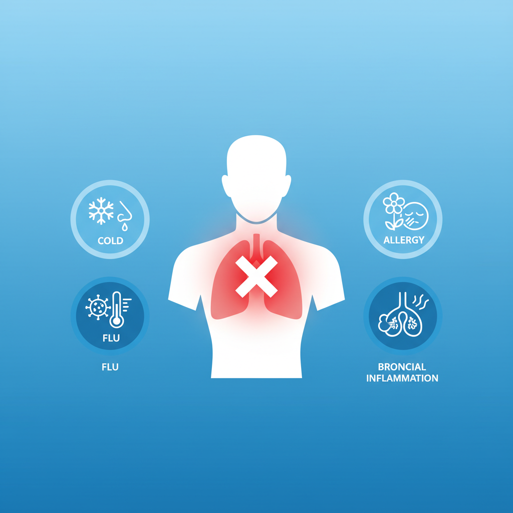 An infographic style image showing various causes of coughing like cold, flu, allergy, and bronchial inflammation, represented by simple icons and clean layout, high contrast, gradient blue background, no text