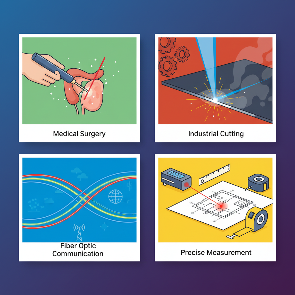 multi-panel clean infographic showing diverse laser applications: medical surgery, industrial cutting, fiber optic communication, and precise measurement, modern layout, high contrast, colored background, no visible text
