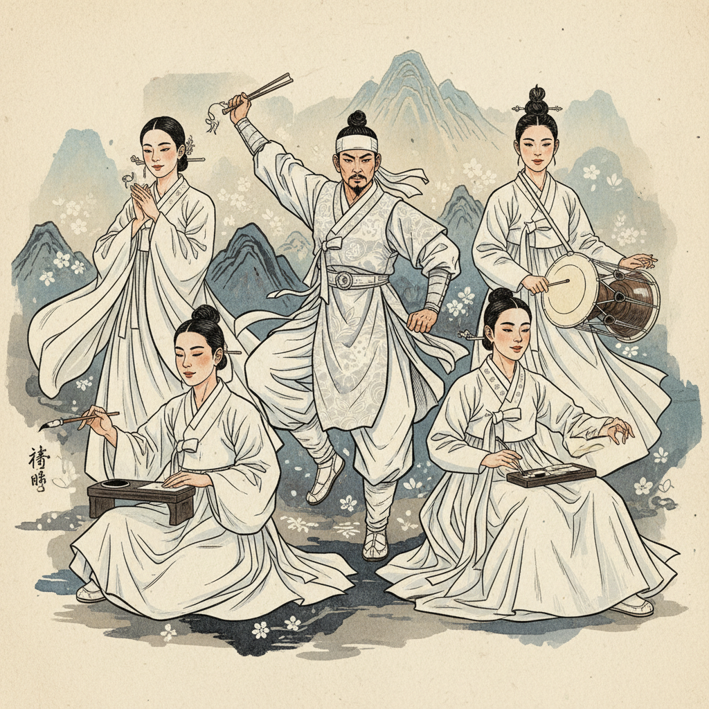 People in white clothing displaying various cultural interpretations, diverse expressions, illustration, artistic rendering, textured background, Korean appearance, no text