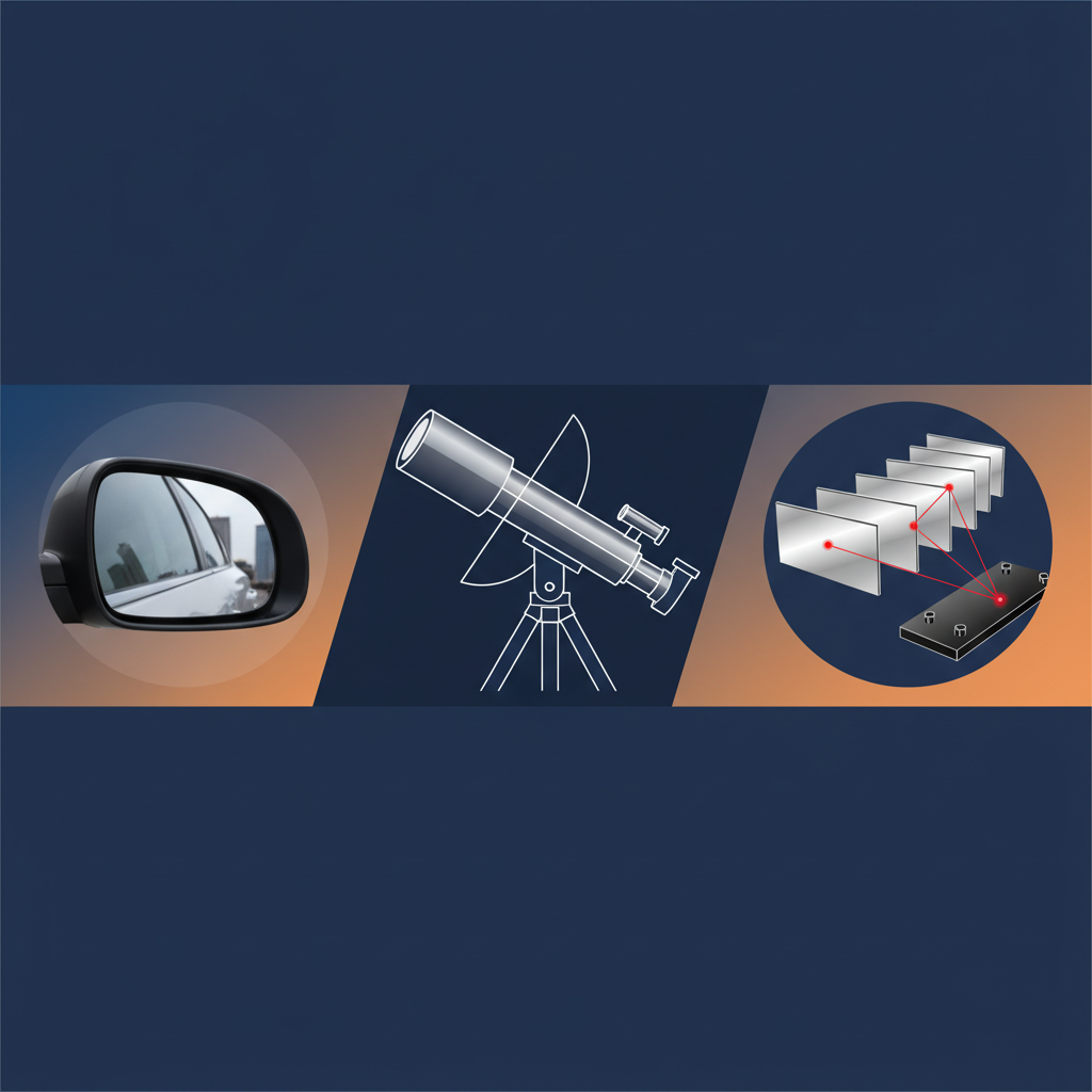 Collage of different mirror applications like a car side mirror, a telescope lens, and a laser reflection system, clean infographic, modern layout, high contrast, colored background, no text