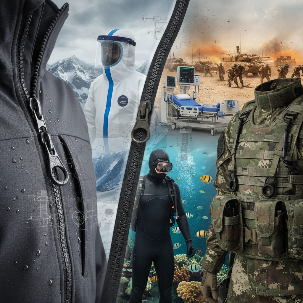 Dynamic scene illustrating zippers in various industries such as outdoor wear, military uniforms, and medical equipment, detailed composition, rich background, no text