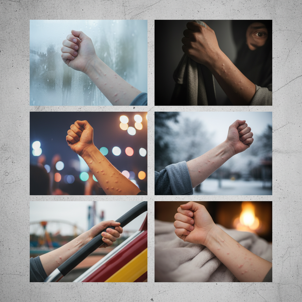 A composite image showing multiple close-ups of Korean people's arms with goosebumps, each slightly different in skin tone and background to suggest varying contexts like cold, fear, or excitement. Clean infographic style, high contrast, textured background, no text.