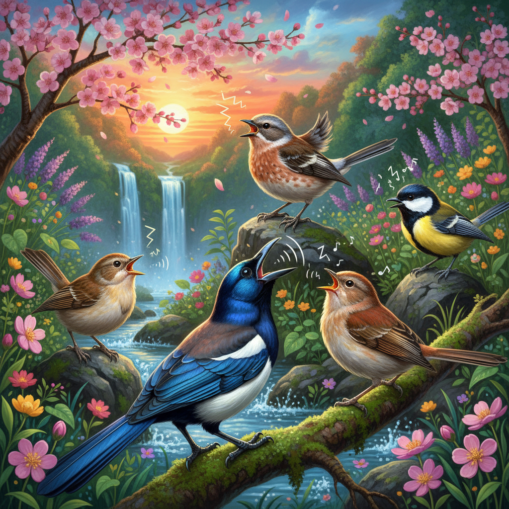 A dynamic composition showing several Korean bird species in a vibrant, natural setting, each expressing a different type of vocalization – one might be calling, another making a warning sound, and another singing. The image should convey diverse sounds and interactions with a richly colored, blended background and bright, detailed rendering. No visible text.