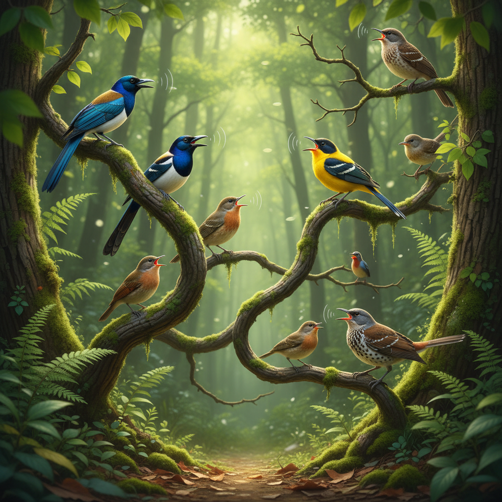 A vibrant forest scene with various Korean birds perched on branches, some with open beaks as if vocalizing. The atmosphere is lively and natural, with a rich, textured green background and bright, balanced lighting. No visible text.