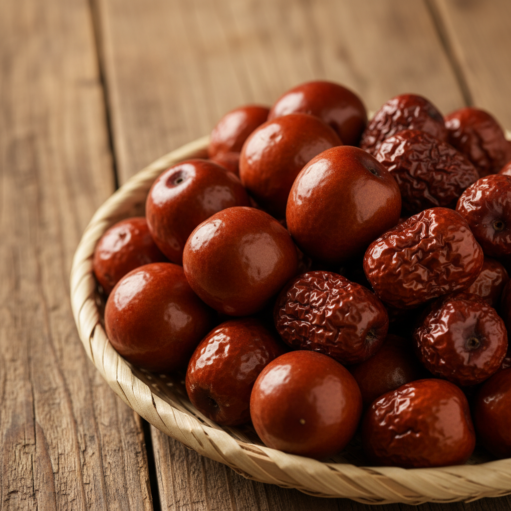 A vibrant still life of Korean jujubes (daechu) in a traditional bamboo basket, some fresh, some dried, warm lighting, textured wooden background, no text