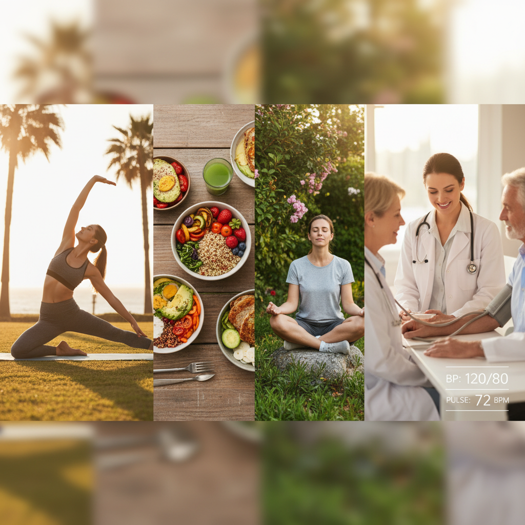 A vibrant lifestyle photography scene illustrating various healthy habits like a person exercising, a balanced meal, someone meditating, and a doctor checking blood pressure. Warm lighting, natural setting, visually rich composition, no text. No visible text in image. If UI elements needed, English-only minimal text.